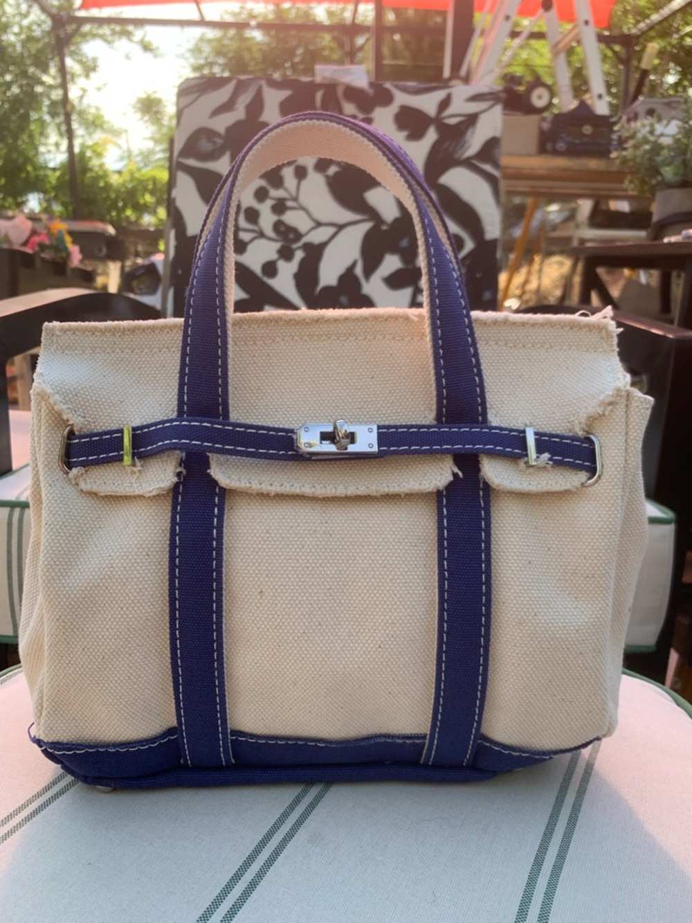 NEW Canvas Small Tote Bag with Blue Trim - Sunwin Classic Neutral Canvas